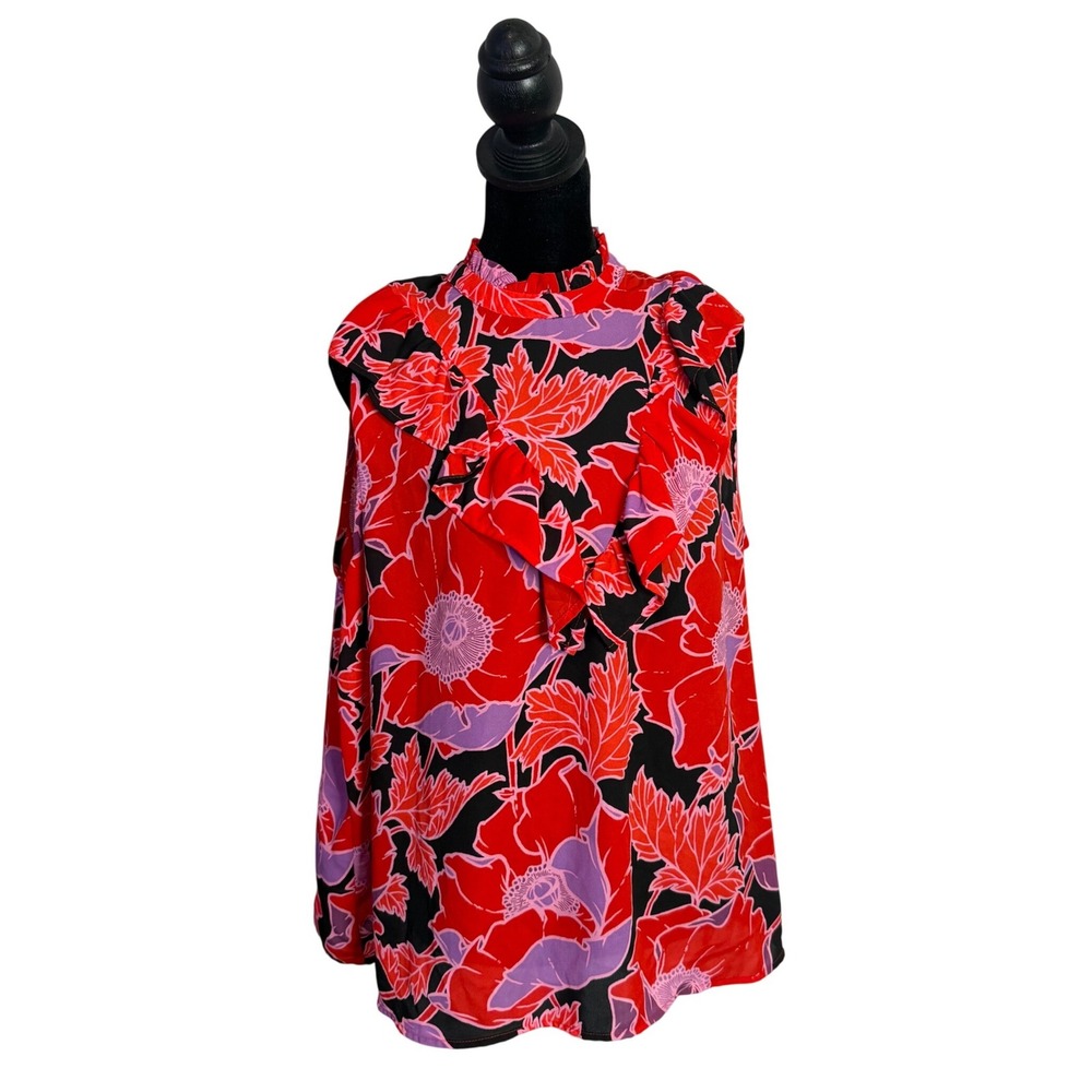 Womens Red Floral‎ Poppy Ruffle Mock Neck Sleeveless Chiffon Blouse Top Size XXL